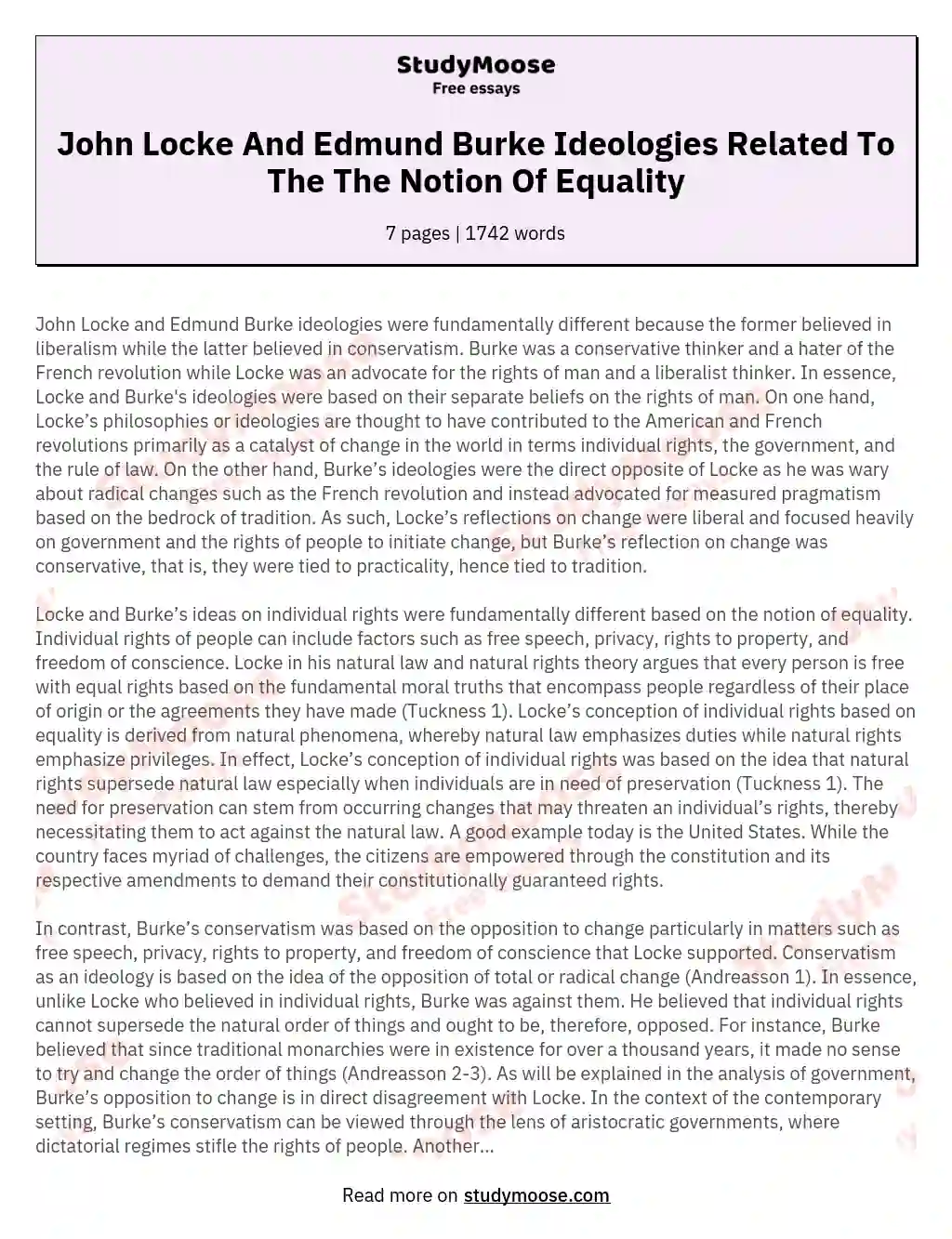 John Locke And Edmund Burke Ideologies Related To The The Notion Of Equality essay