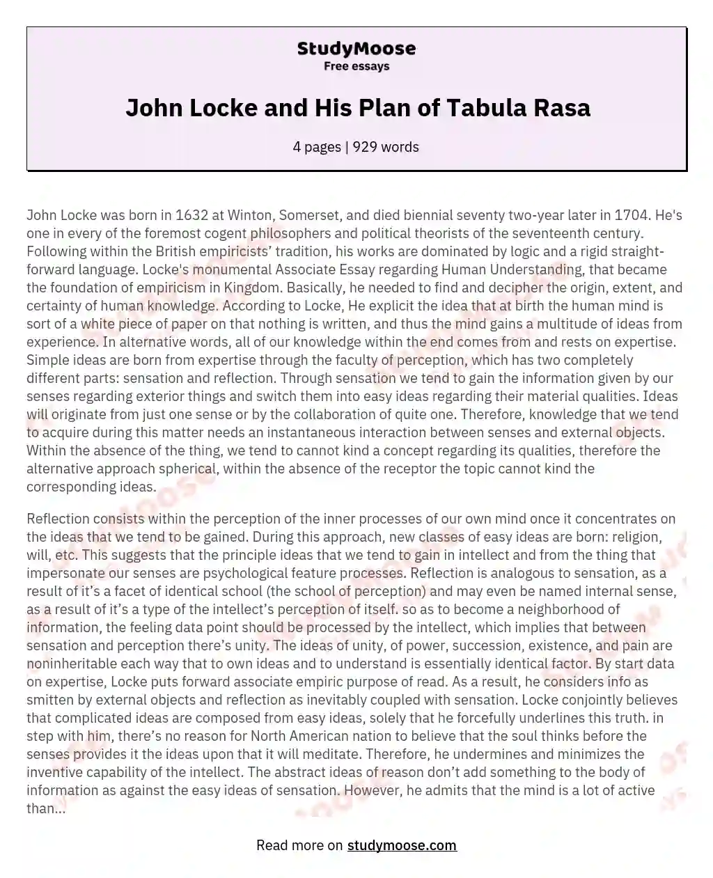 John Locke and His Plan of Tabula Rasa essay