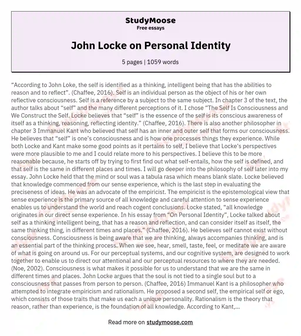 John Locke on Personal Identity essay
