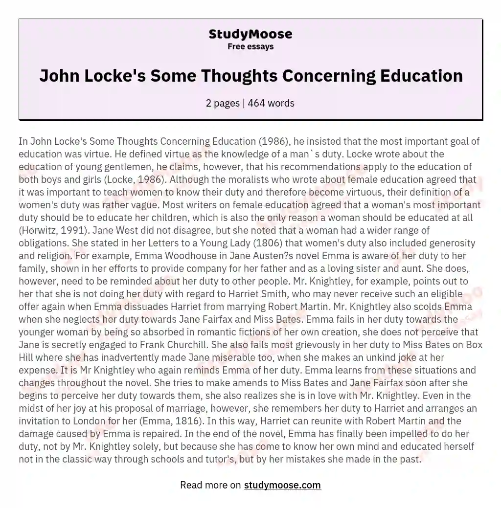 John Locke's Some Thoughts Concerning Education essay