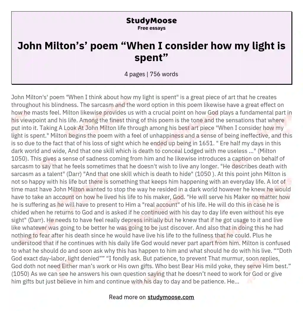 John Milton's' poem “When I consider how my light is spent” Free Example