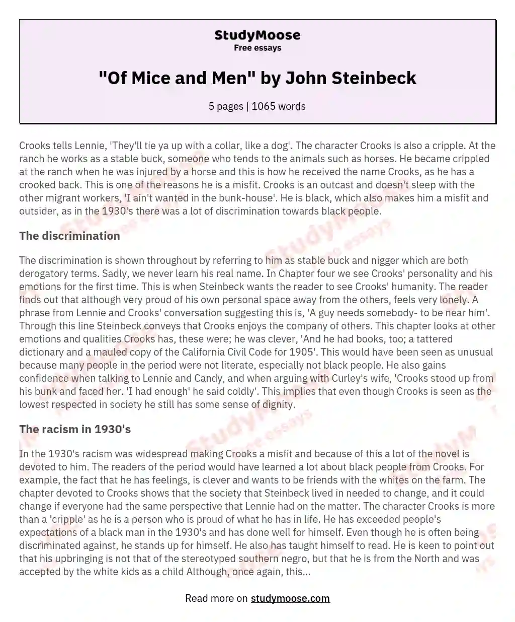 "Of Mice and Men" by  John Steinbeck essay