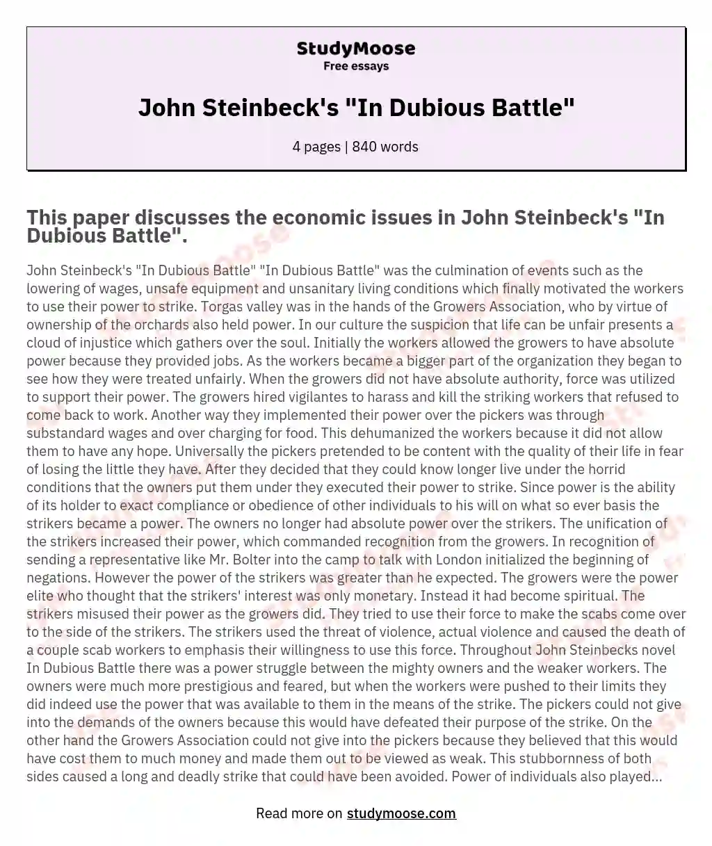 John Steinbeck's "In Dubious Battle" essay