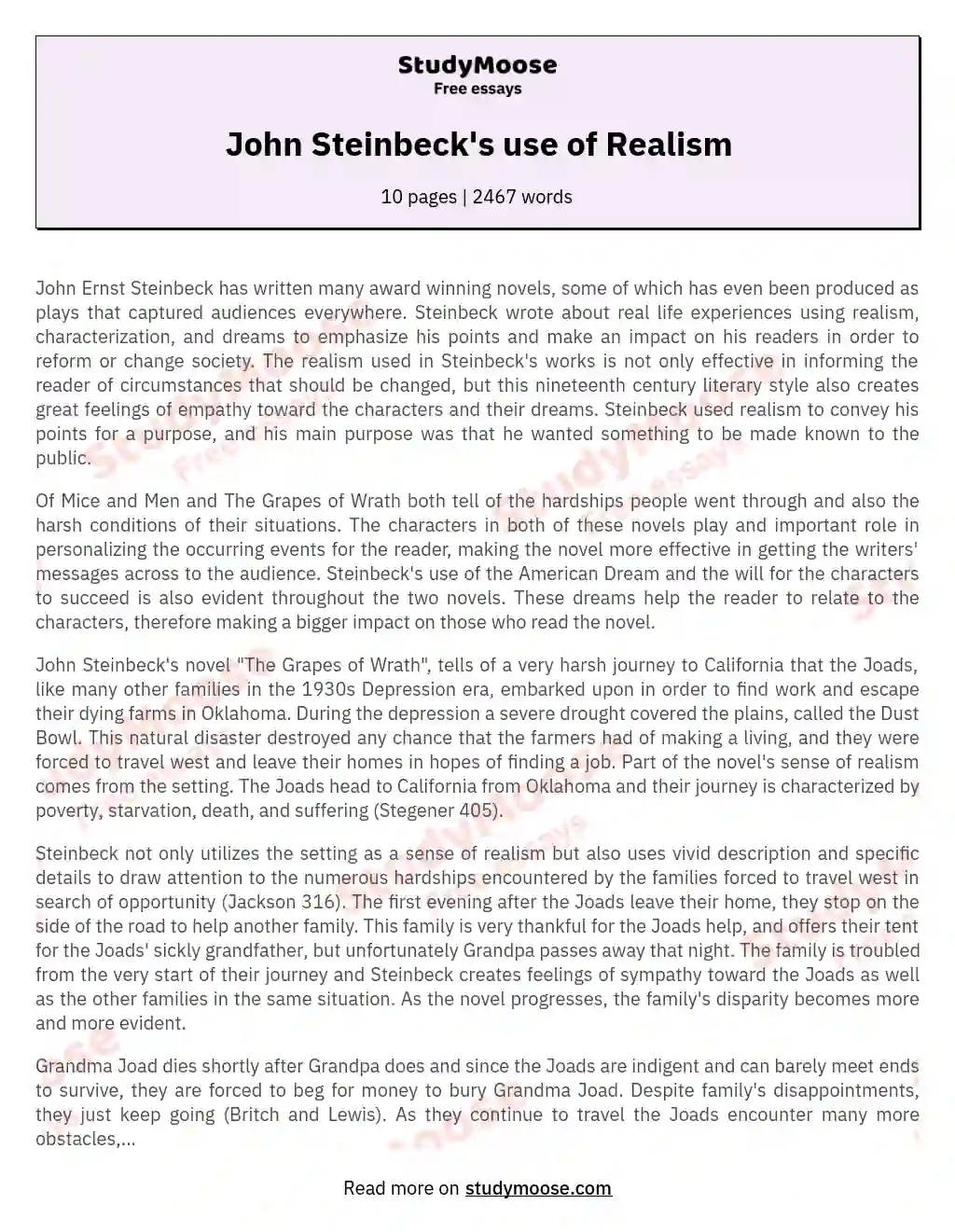 John Steinbeck's use of Realism essay