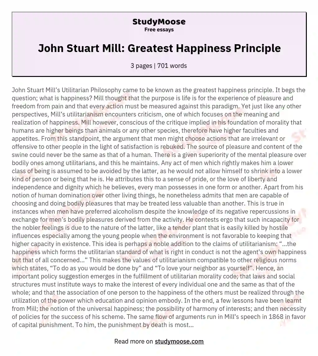 John Stuart Mill: Greatest Happiness Principle essay