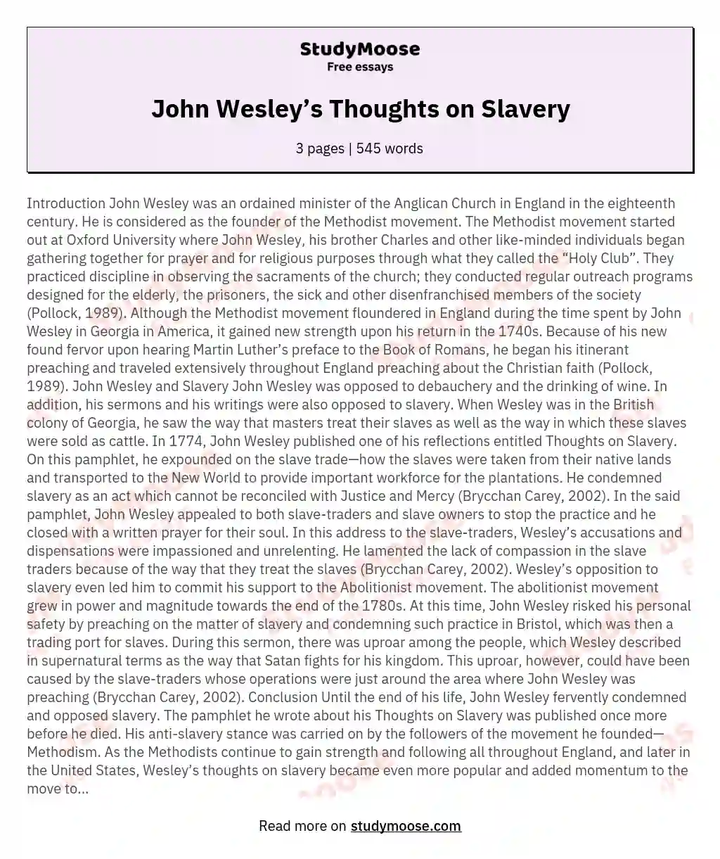 John Wesley’s Thoughts on Slavery