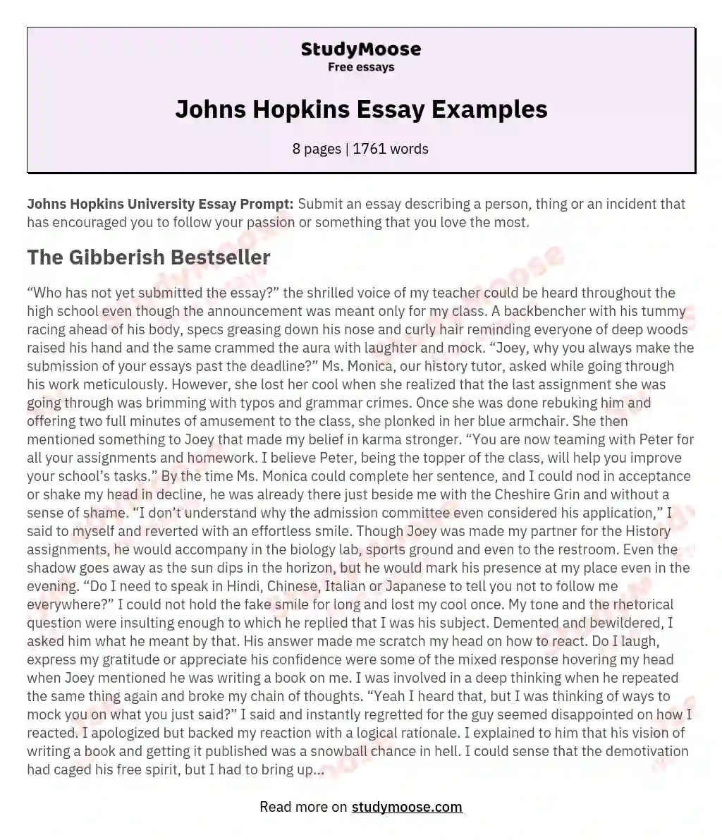 Johns Hopkins Essay Examples essay