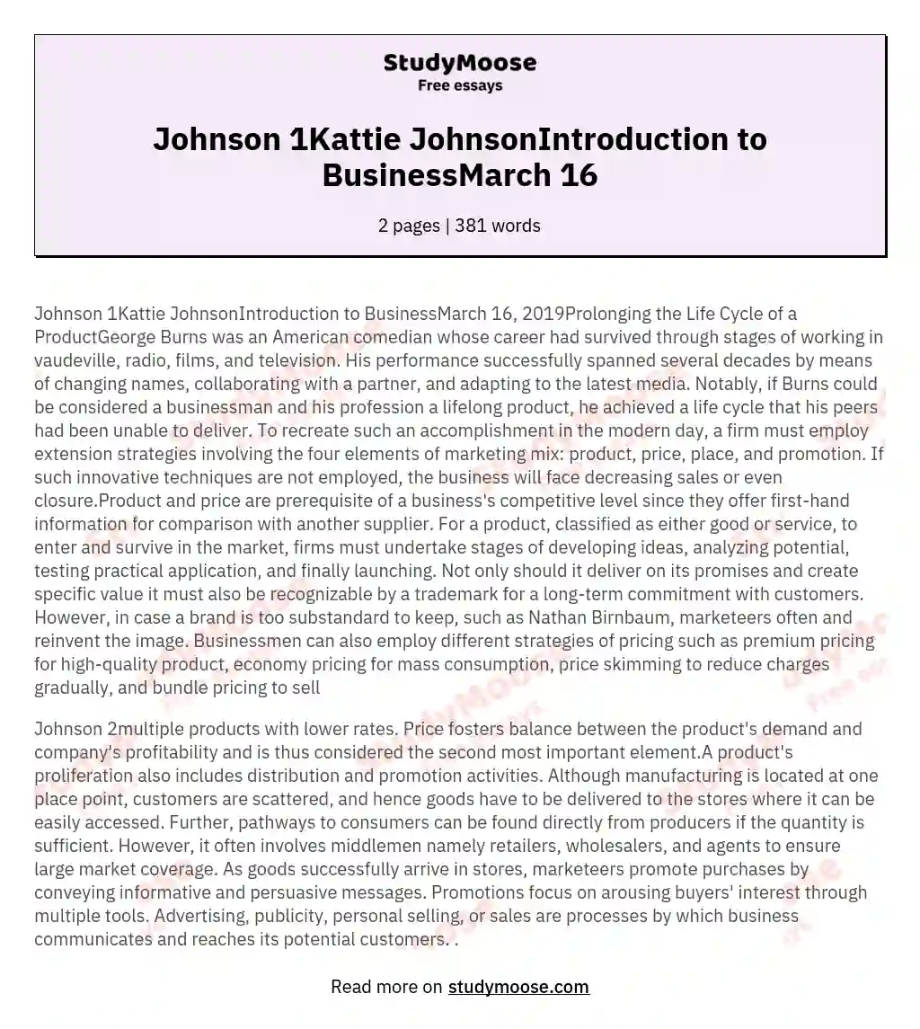 Johnson 1Kattie JohnsonIntroduction to BusinessMarch 16 essay