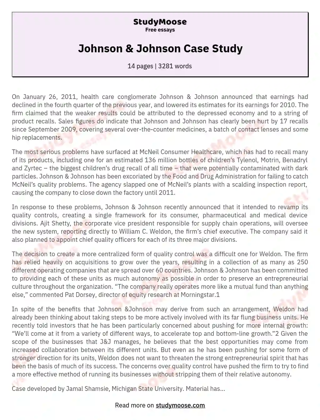 johnson and johnson case study 2009