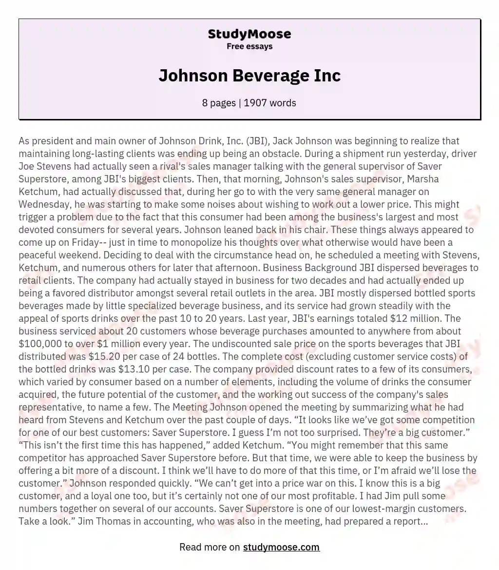 Johnson	Beverage Inc essay