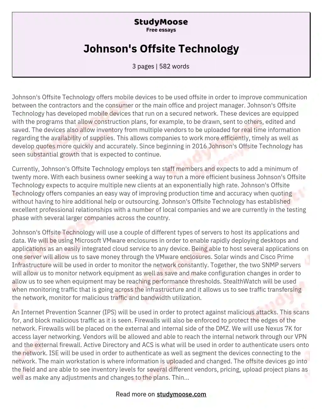 Johnson's Offsite Technology essay
