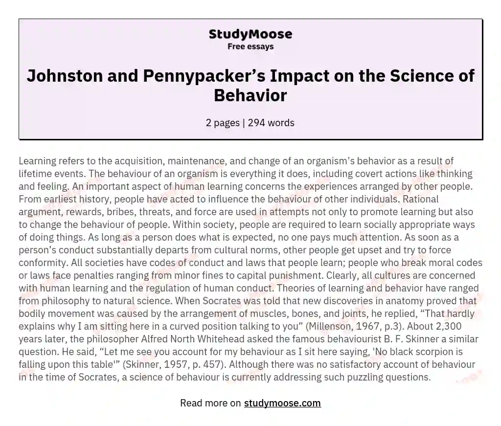 Johnston and Pennypacker’s Impact on the Science of Behavior essay