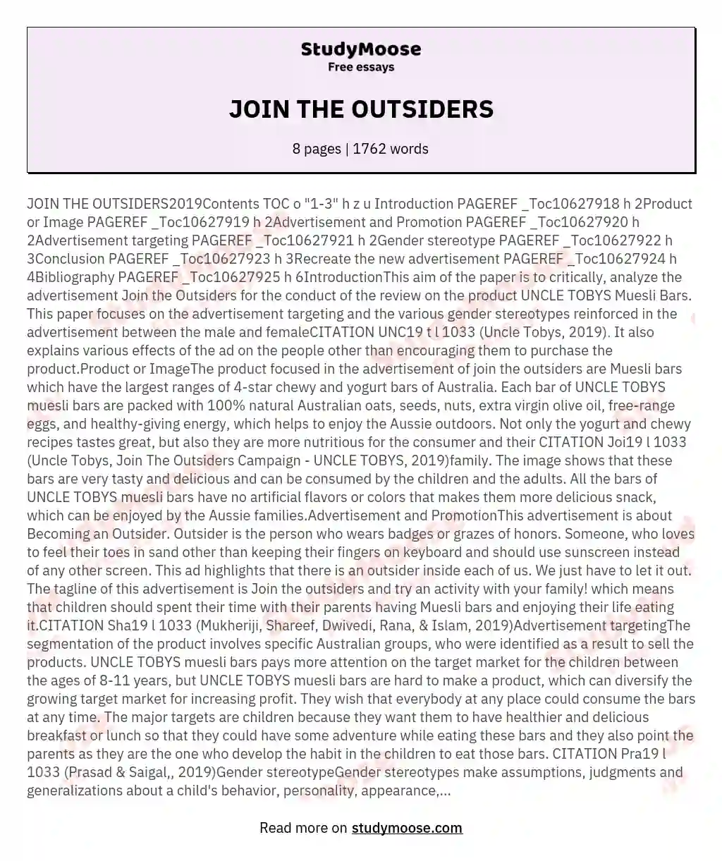 JOIN THE OUTSIDERS essay