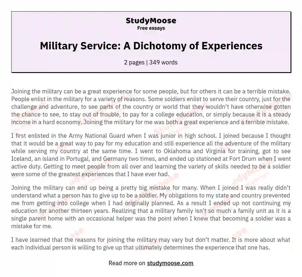 Military Service: A Dichotomy of Experiences essay