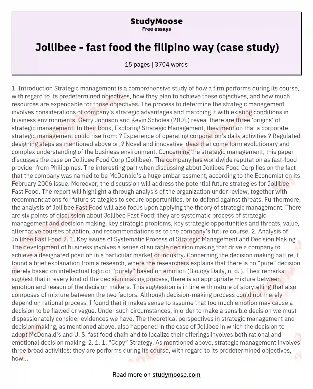 Jollibee - fast food the filipino way (case study) essay