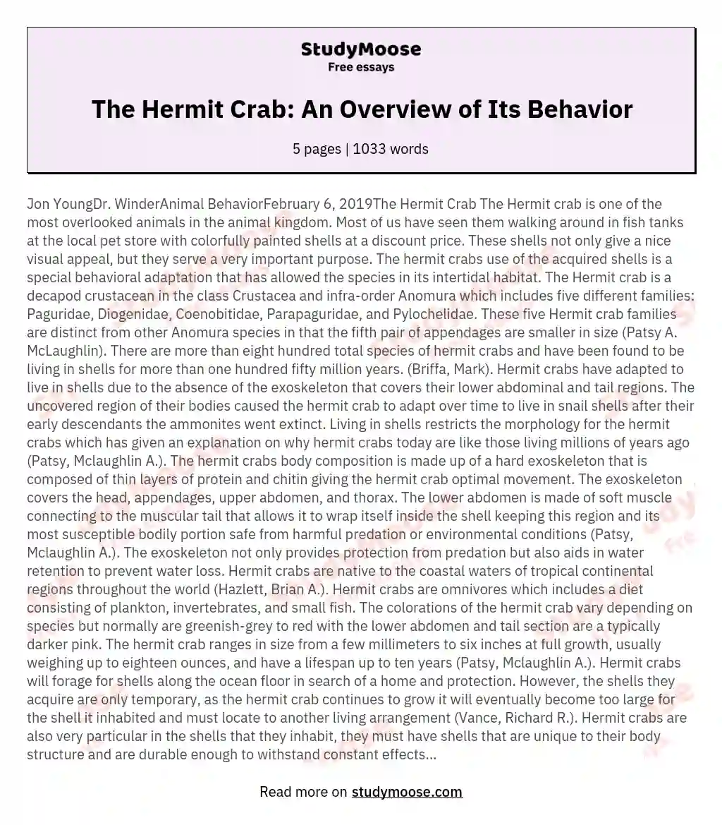 Jon YoungDr WinderAnimal BehaviorFebruary 6 2019The Hermit Crab The Hermit crab is one