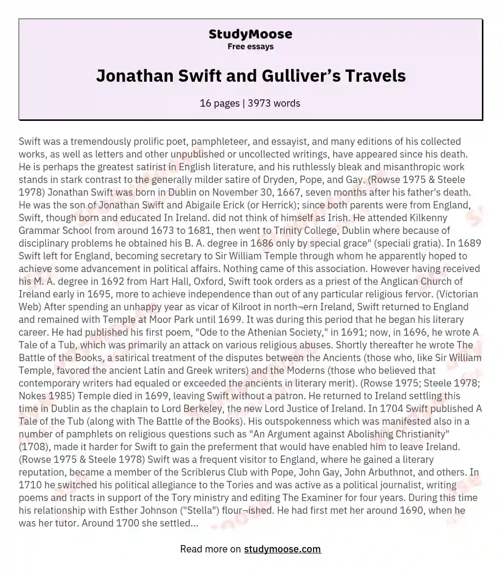Jonathan Swift and Gulliver’s Travels essay