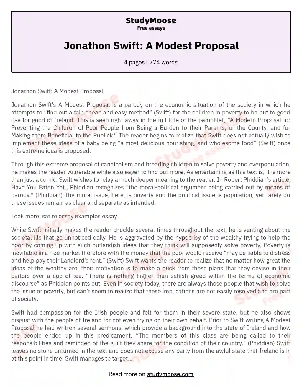 Jonathon Swift: A Modest Proposal essay