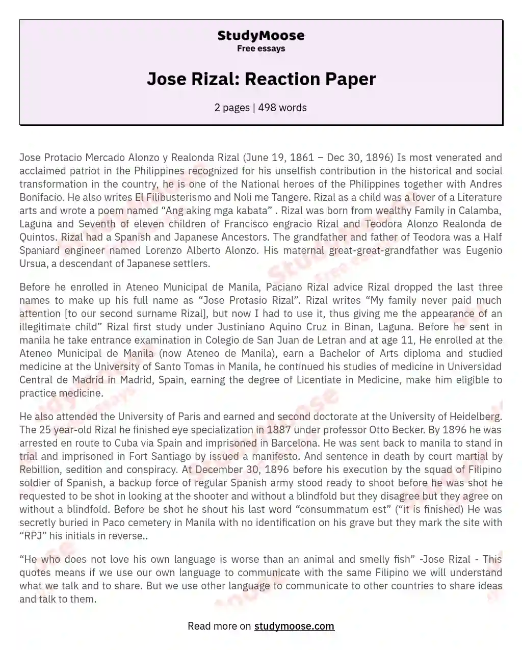 Jose Rizal: Reaction Paper essay