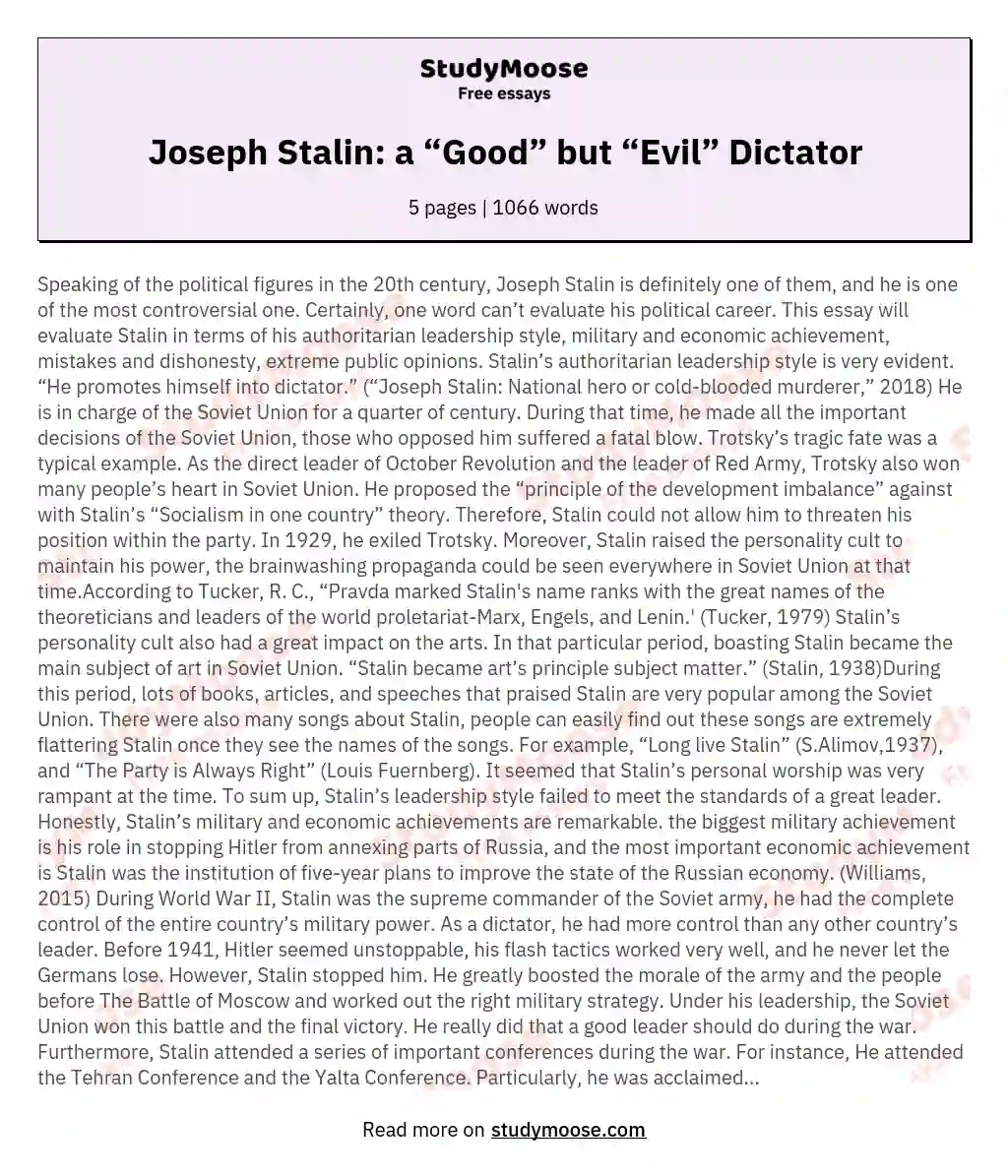 Joseph Stalin: a “Good” but “Evil” Dictator essay