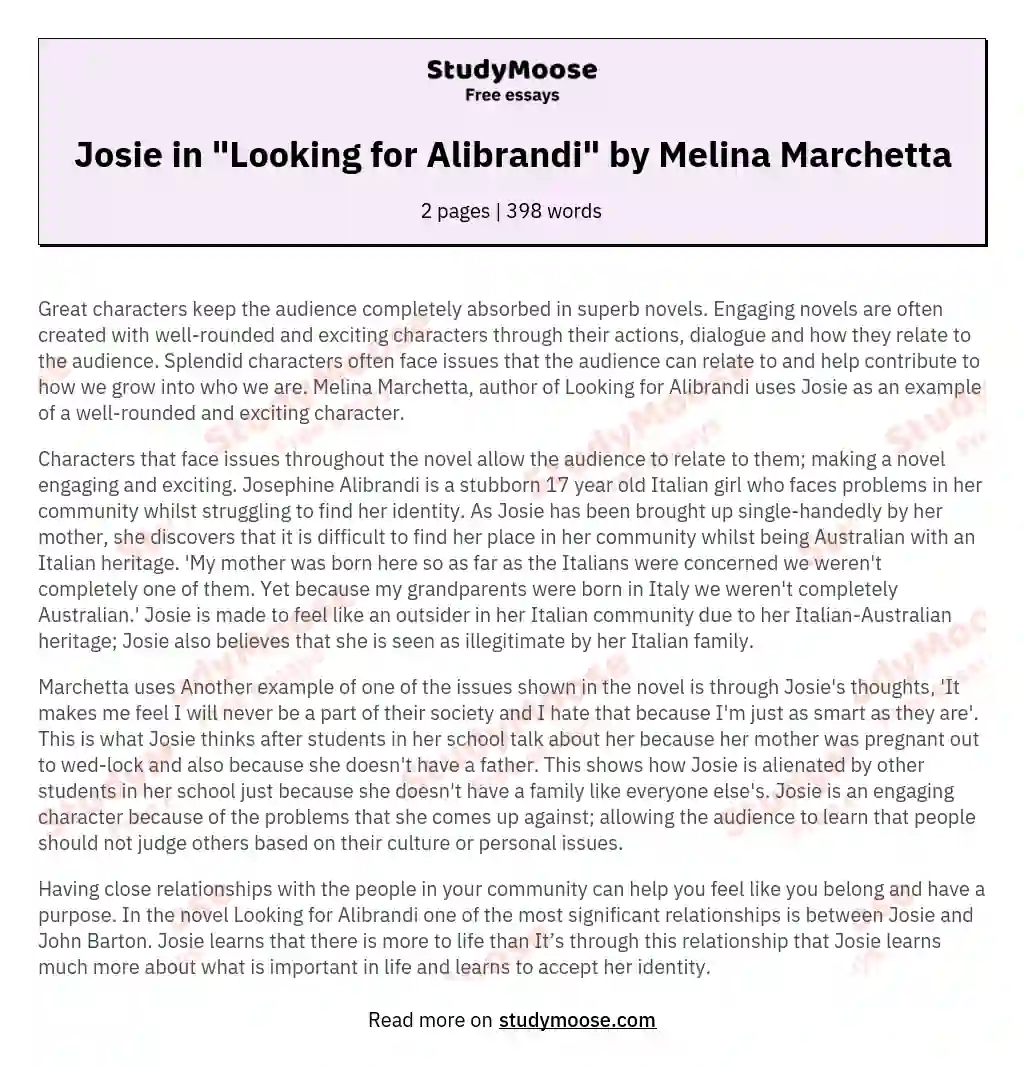 Josie in "Looking for Alibrandi" by Melina Marchetta essay