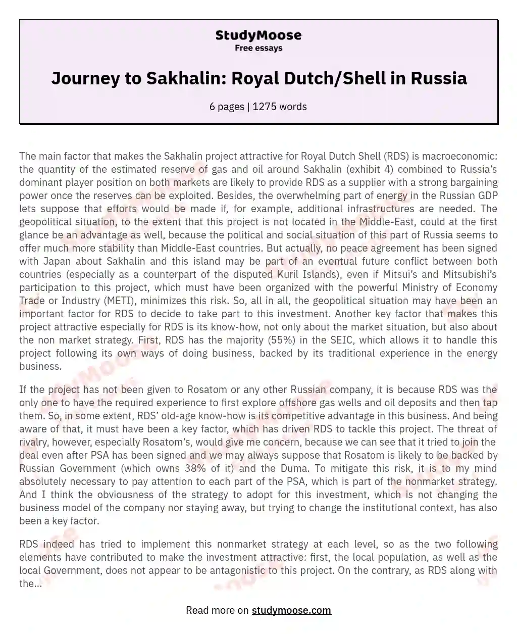 Journey to Sakhalin: Royal Dutch/Shell in Russia essay