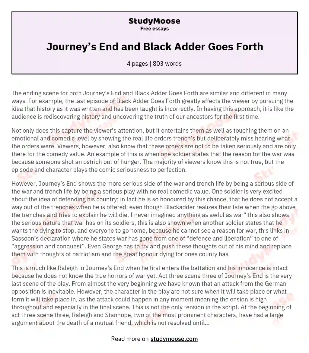 Journey’s End and Black Adder Goes Forth essay