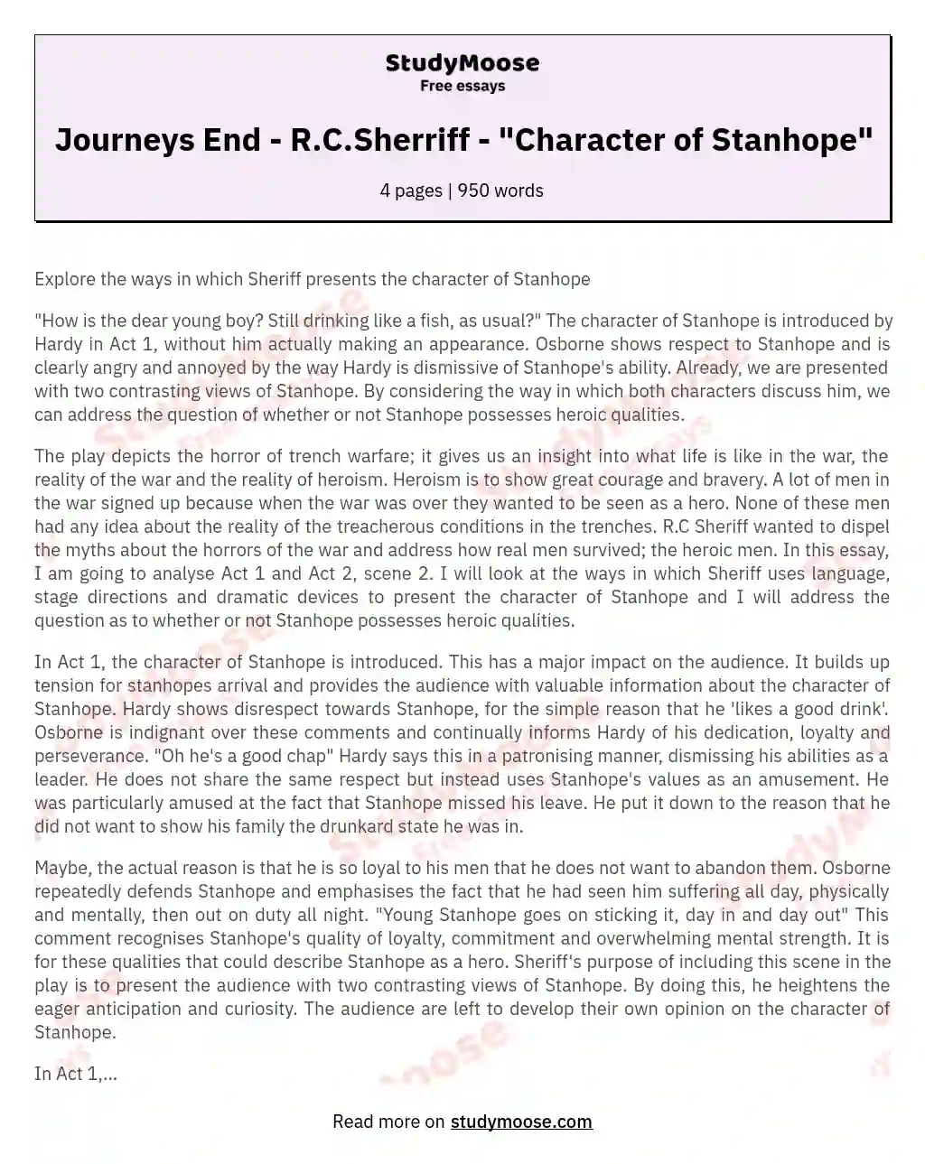 Journeys End - R.C.Sherriff - "Character of Stanhope" essay