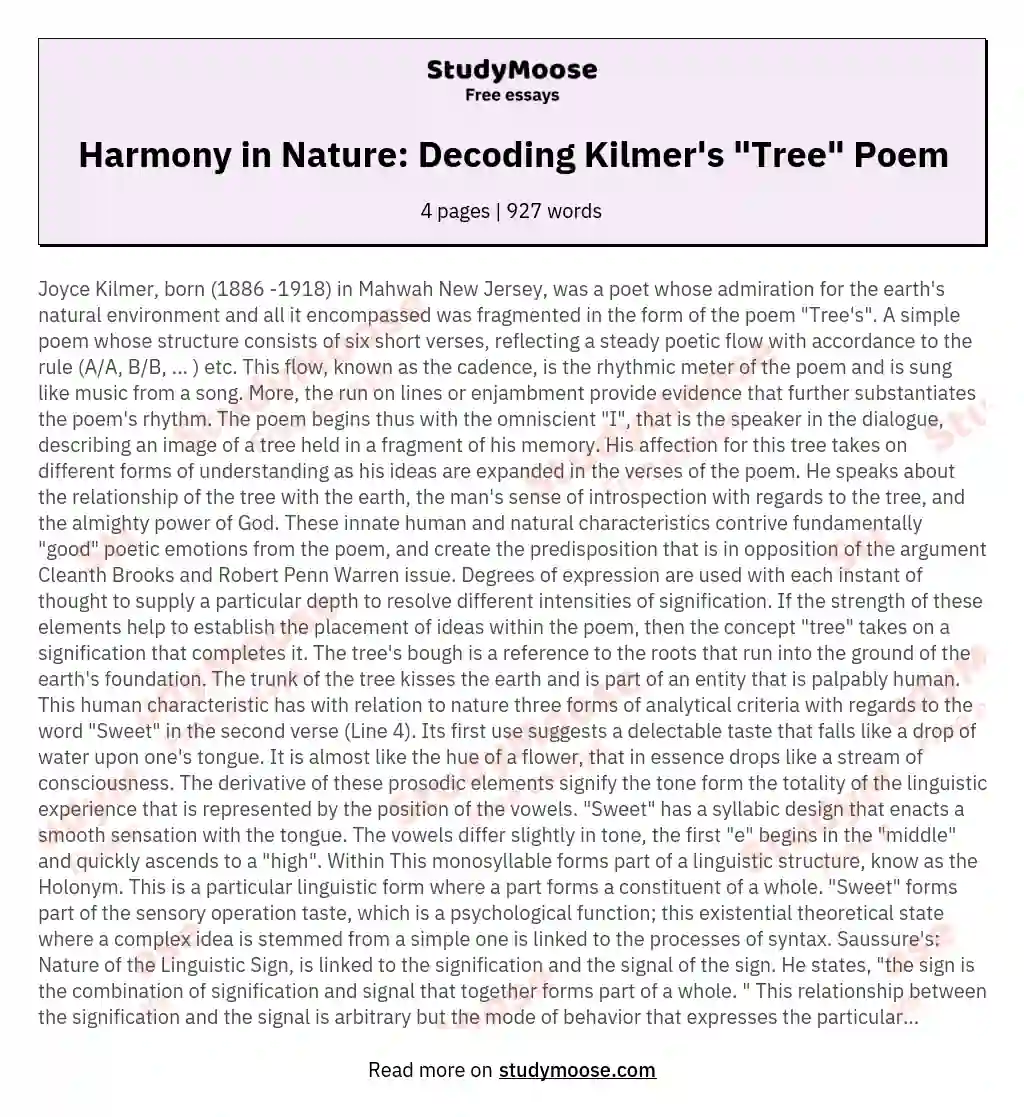 Harmony in Nature: Decoding Kilmer's "Tree" Poem essay