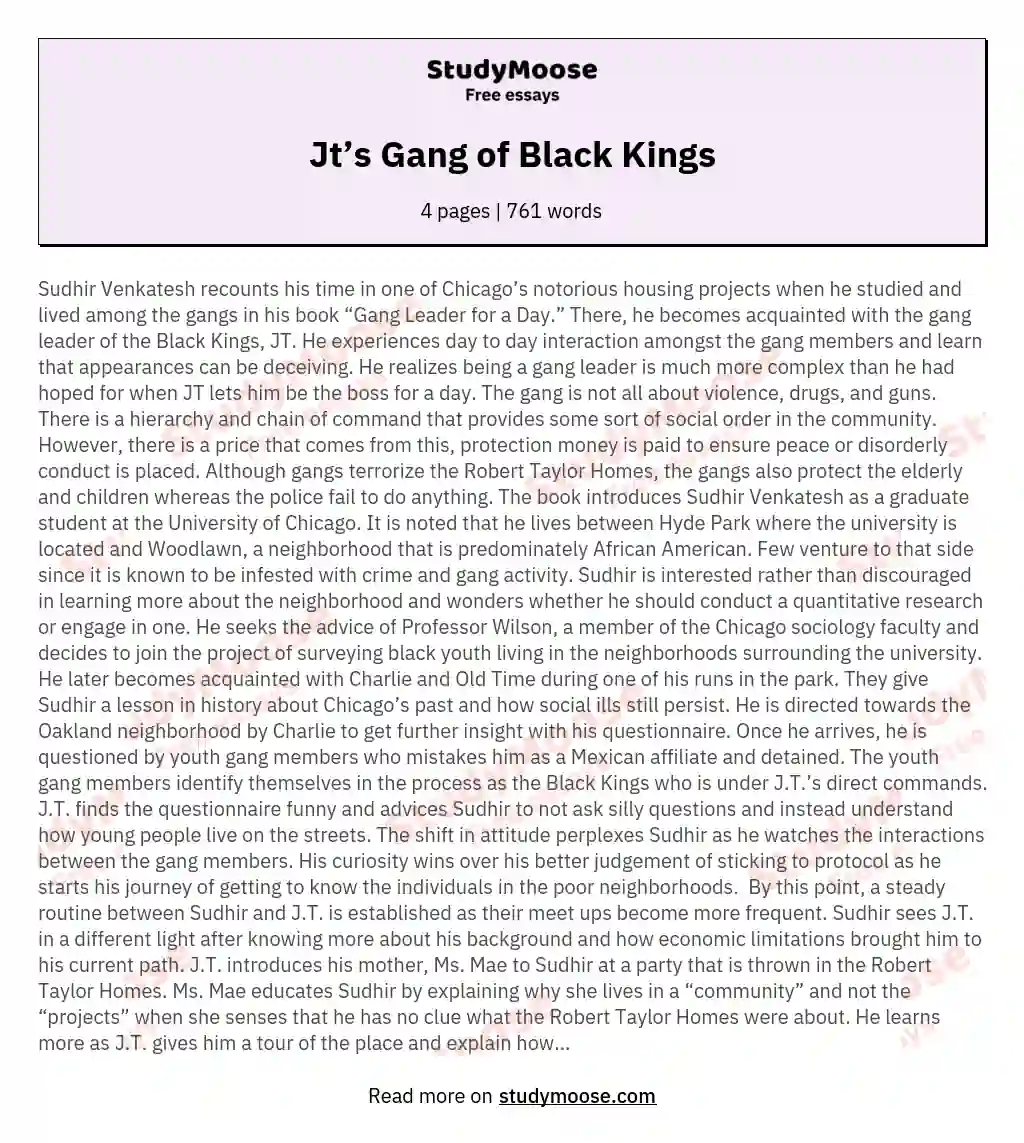 Jt’s Gang of Black Kings essay