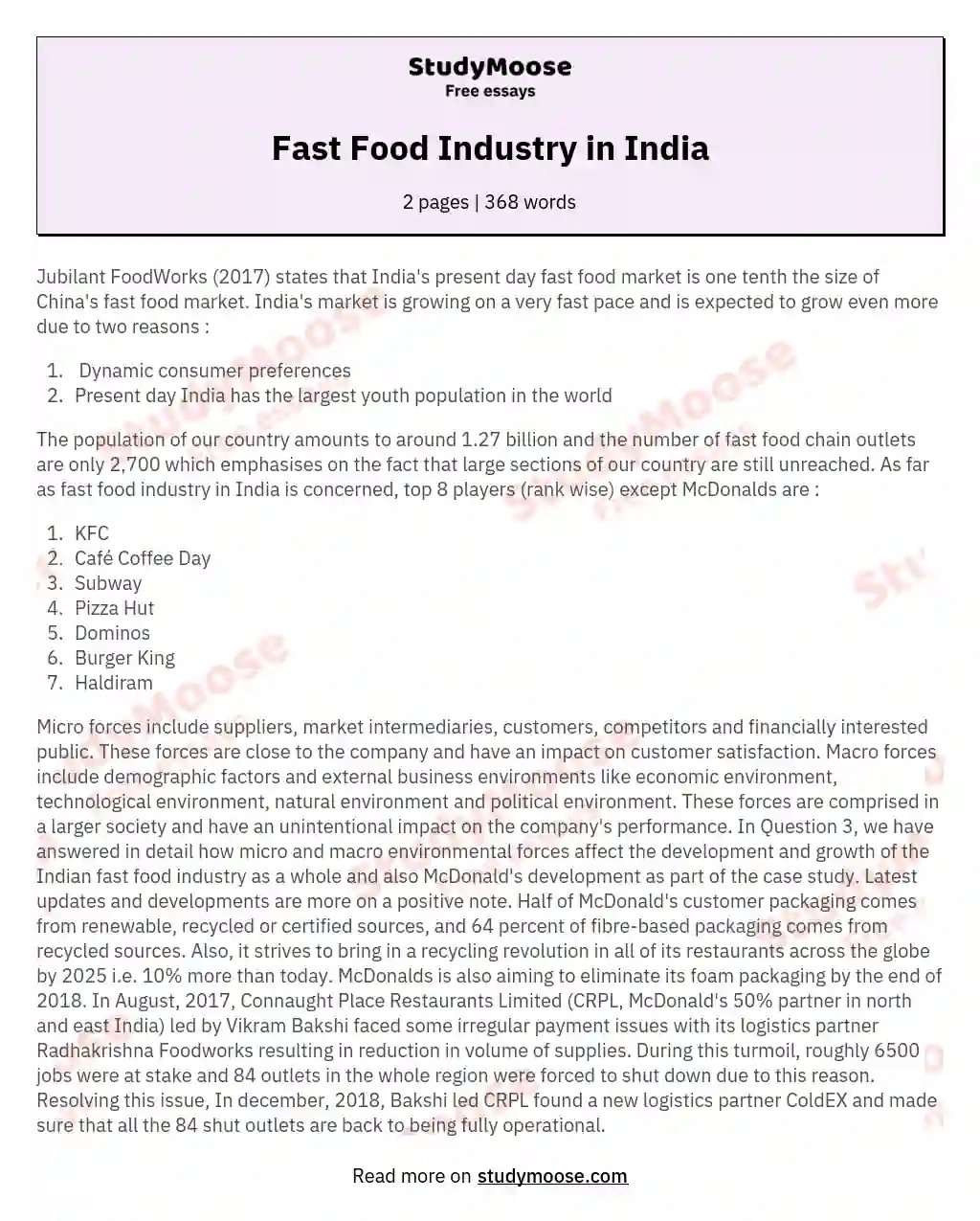 Fast Food Industry in India essay