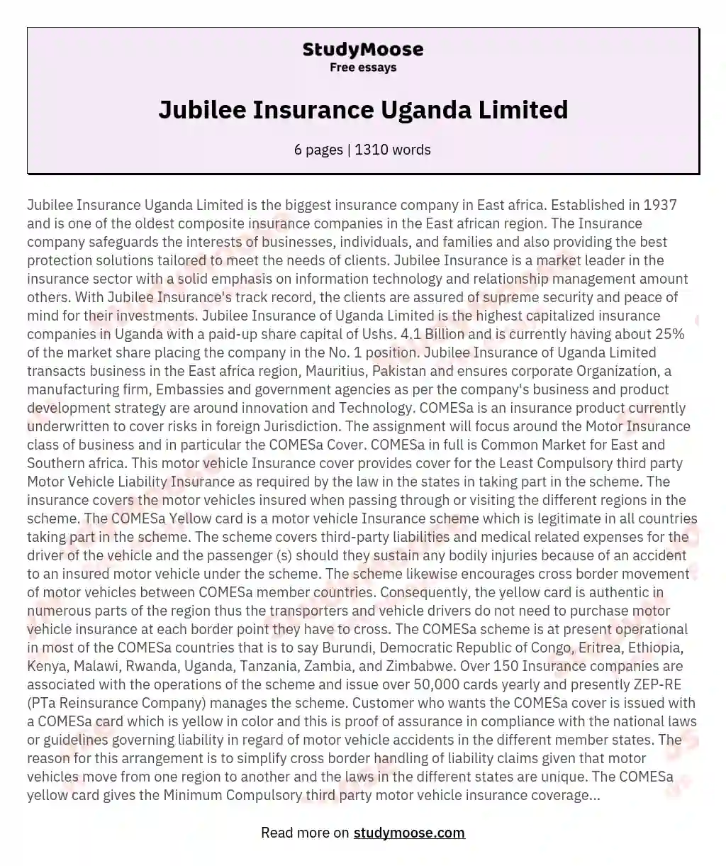 Jubilee Insurance Uganda Limited essay
