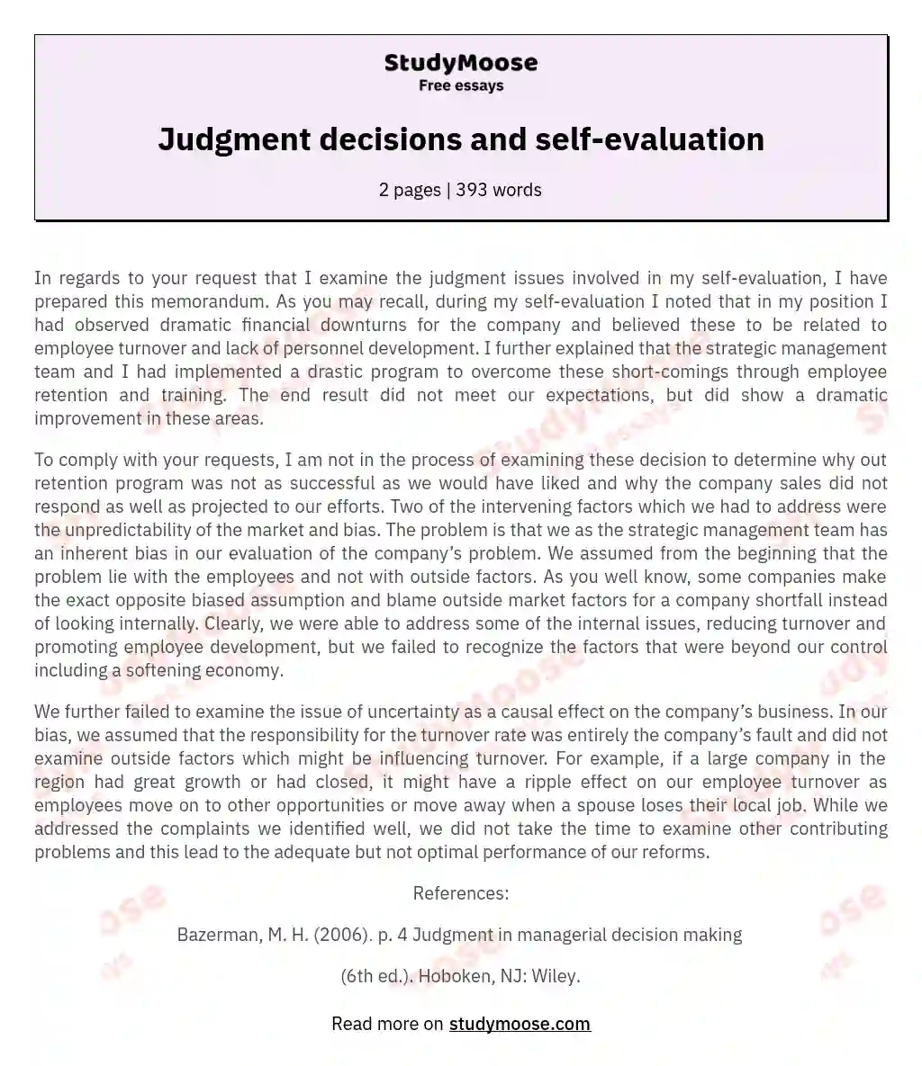 Judgment decisions and self-evaluation essay