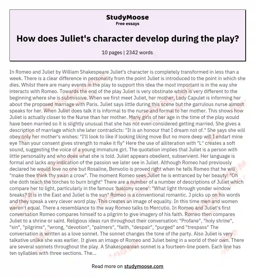 How does Juliet's character develop during the play? essay