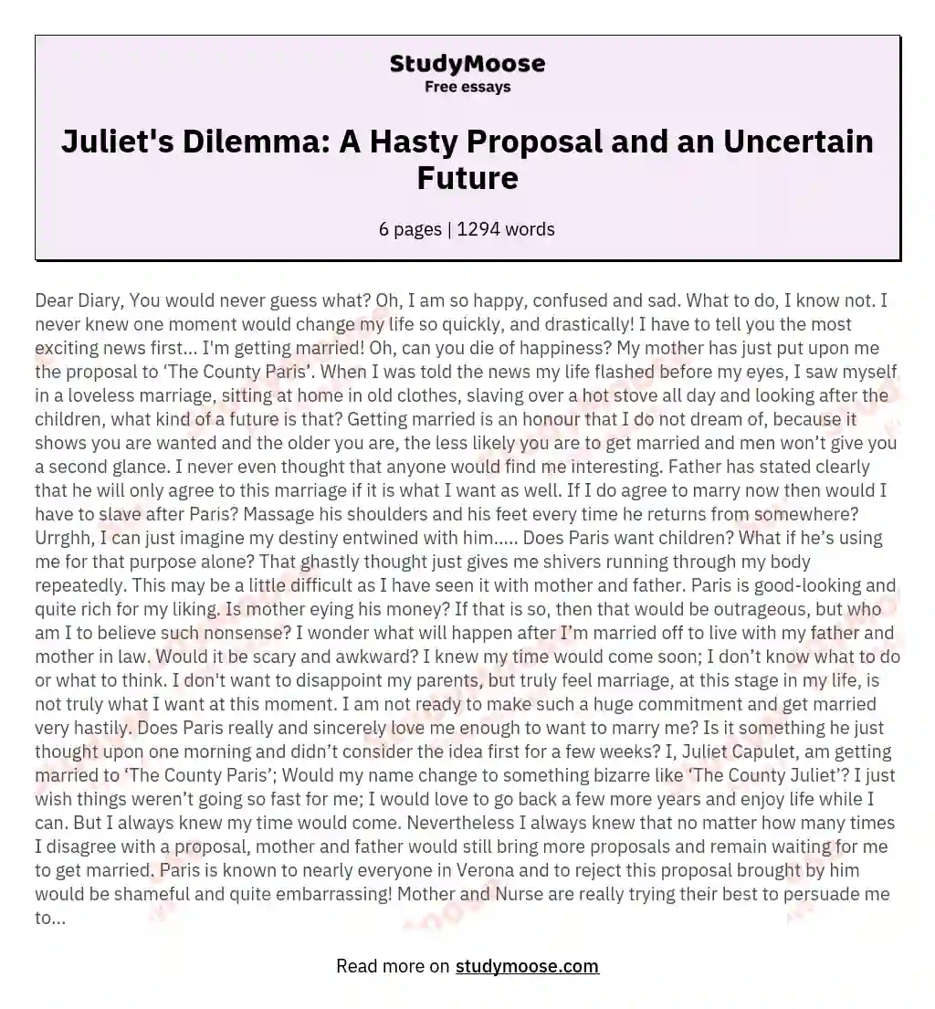 Juliet's Dilemma: A Hasty Proposal and an Uncertain Future essay