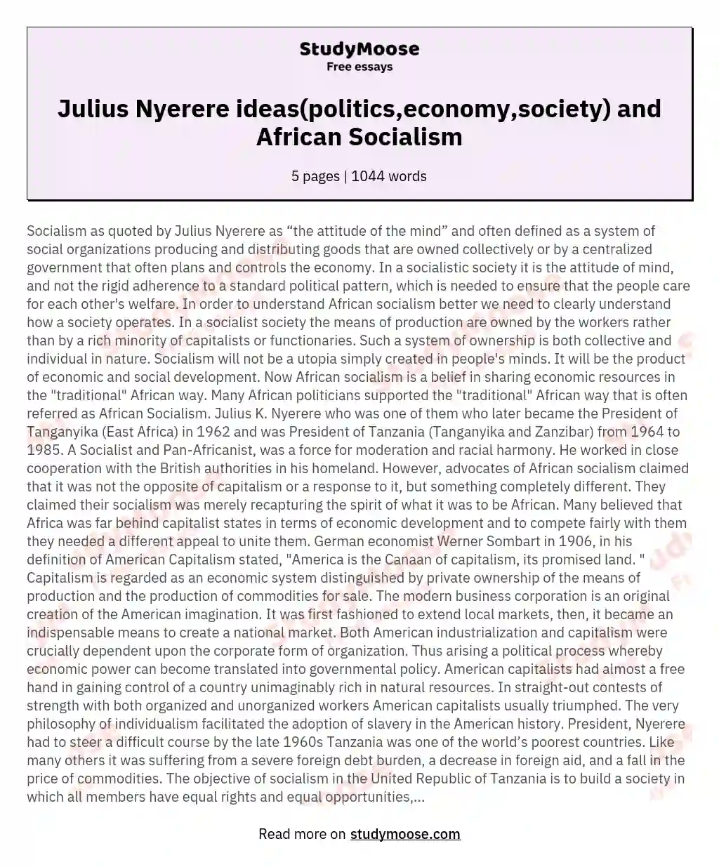 Julius Nyerere ideas(politics,economy,society) and African Socialism essay