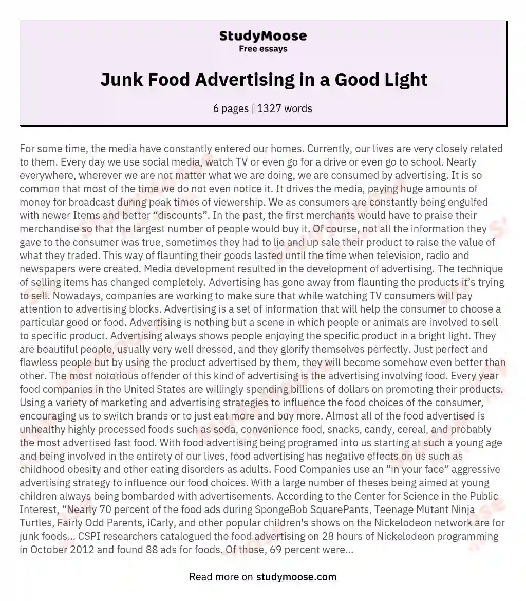 Junk Food Advertising in a Good Light essay