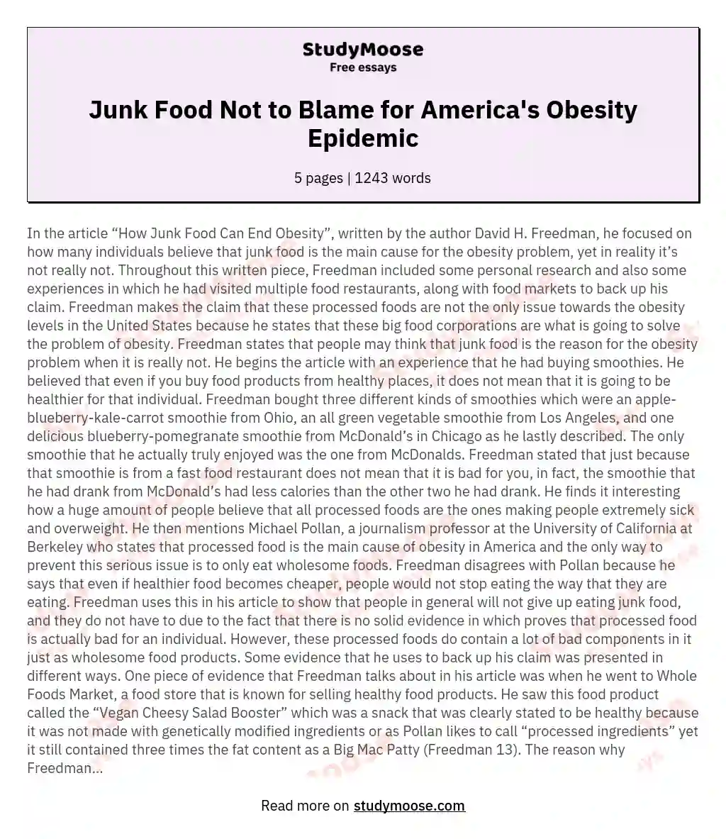Junk Food Not to Blame for America's Obesity Epidemic