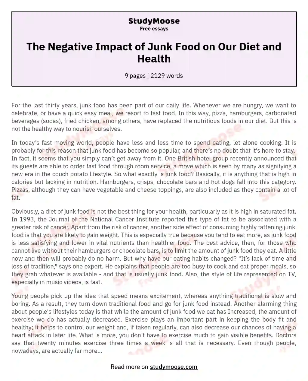 The Negative Impact of Junk Food on Our Diet and Health essay