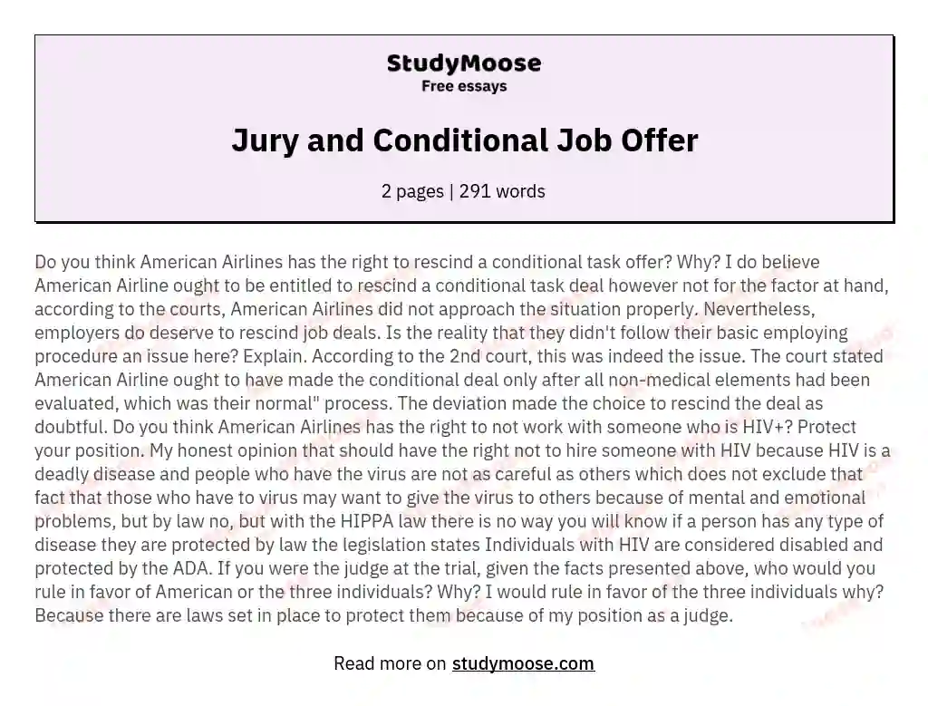 Jury and Conditional Job Offer essay