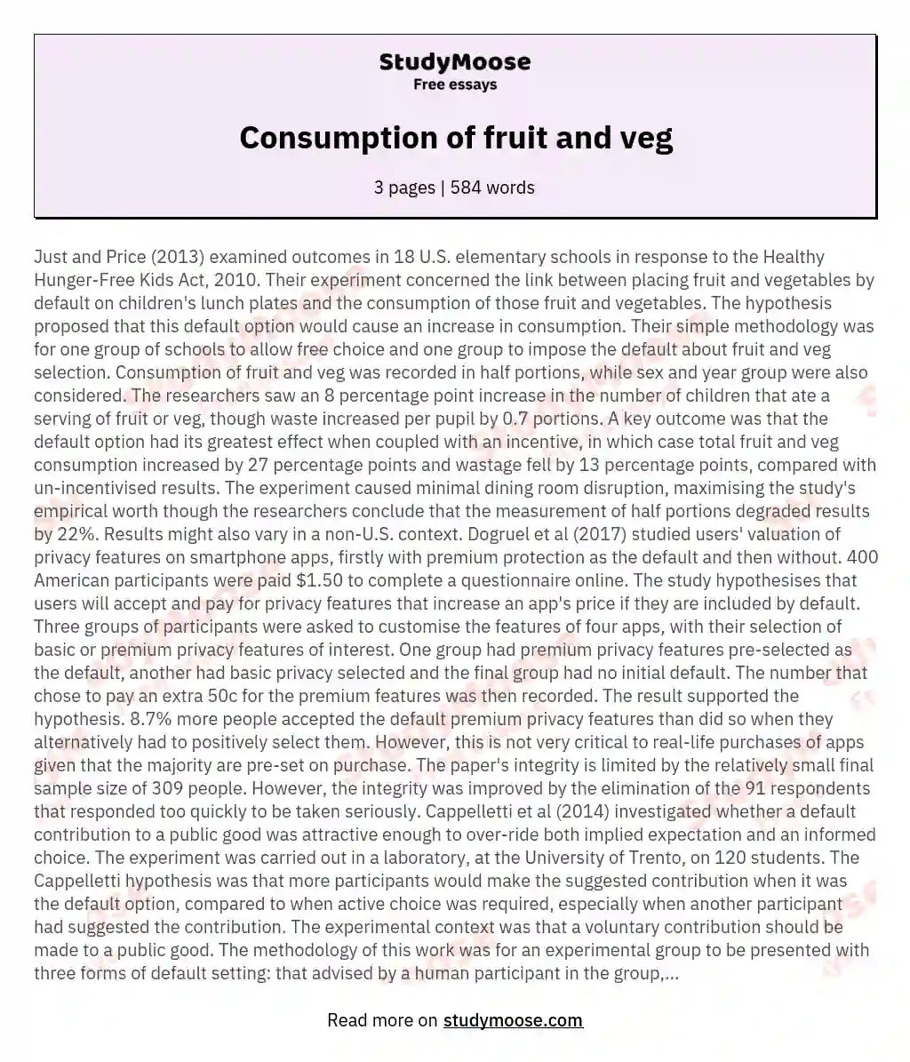 Consumption of fruit and veg essay