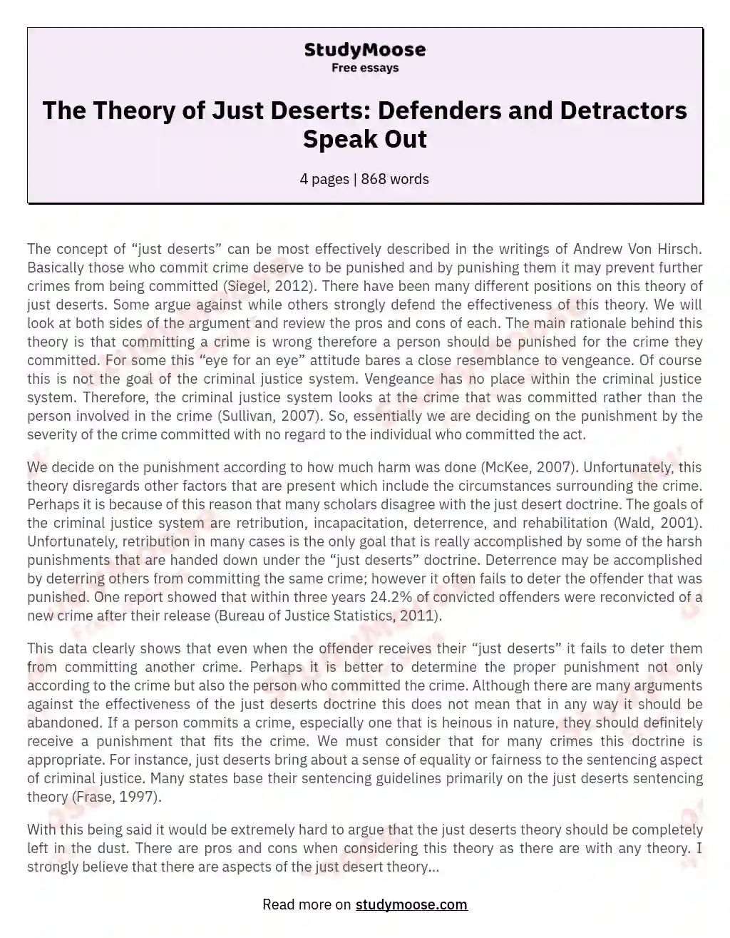 The Theory of Just Deserts: Defenders and Detractors Speak Out essay