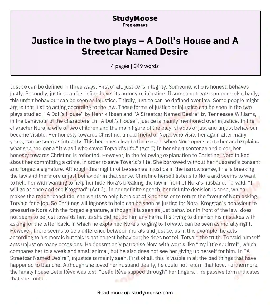 Justice in the two plays – A Doll’s House and A Streetcar Named Desire