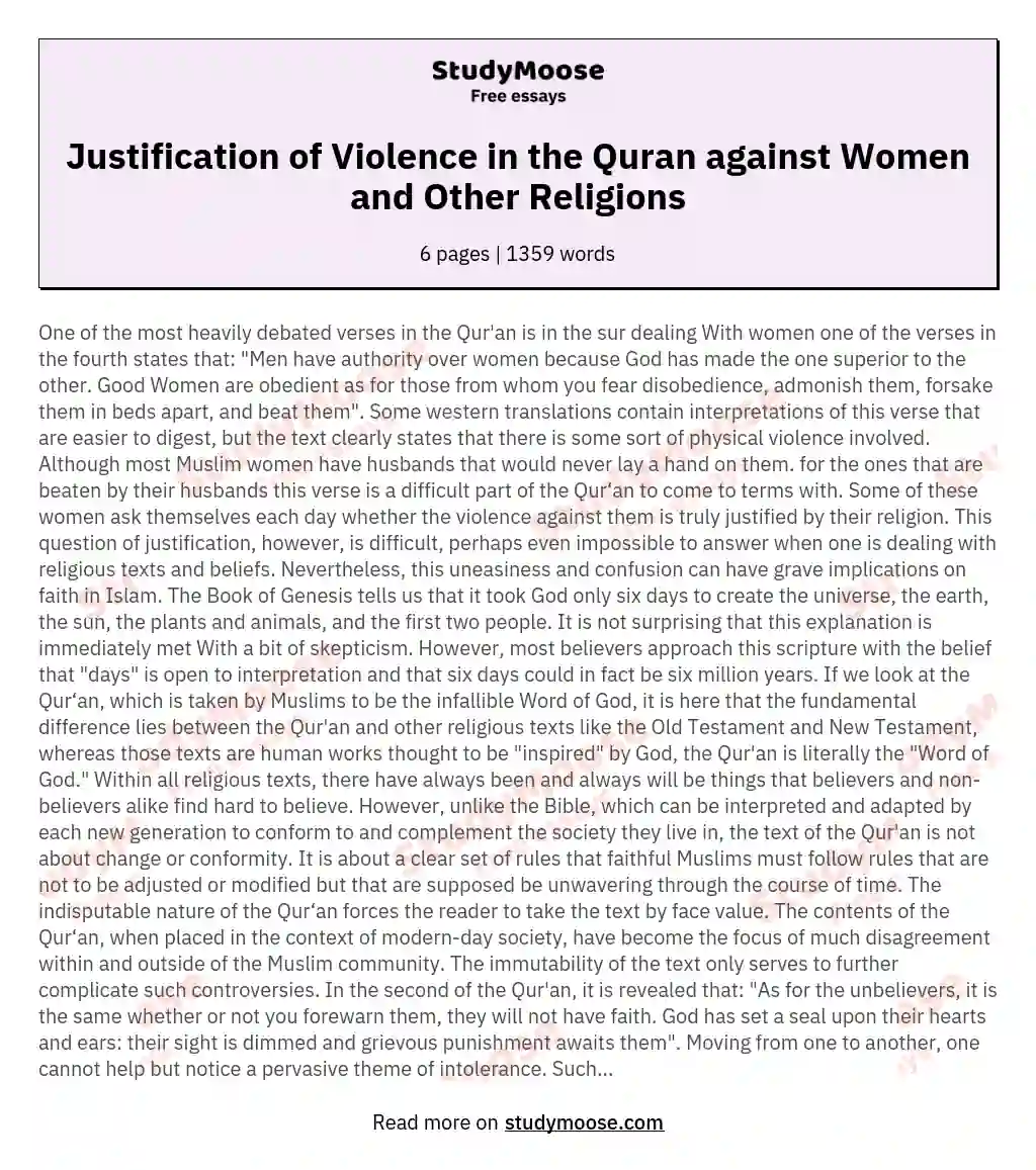 Justification of Violence in the Quran against Women and Other Religions essay