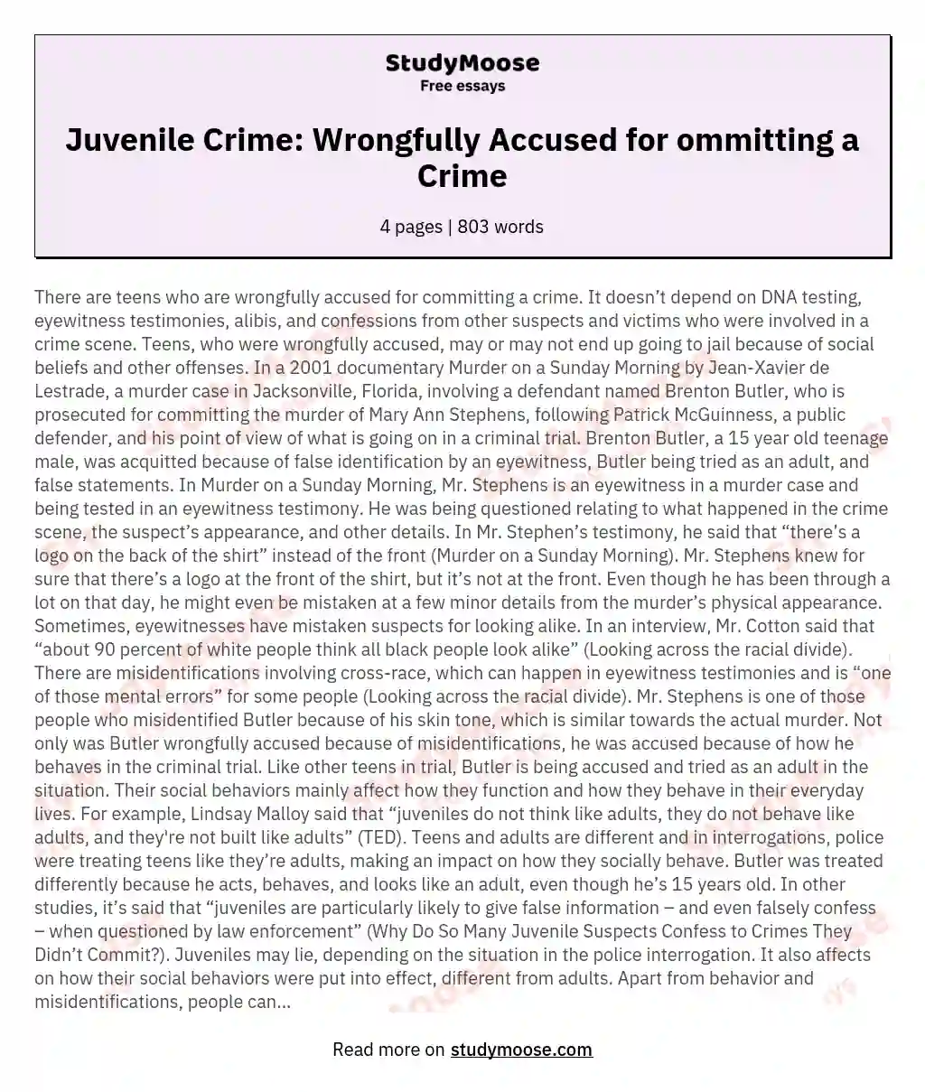 Juvenile Crime: Wrongfully Accused for ommitting a Crime essay