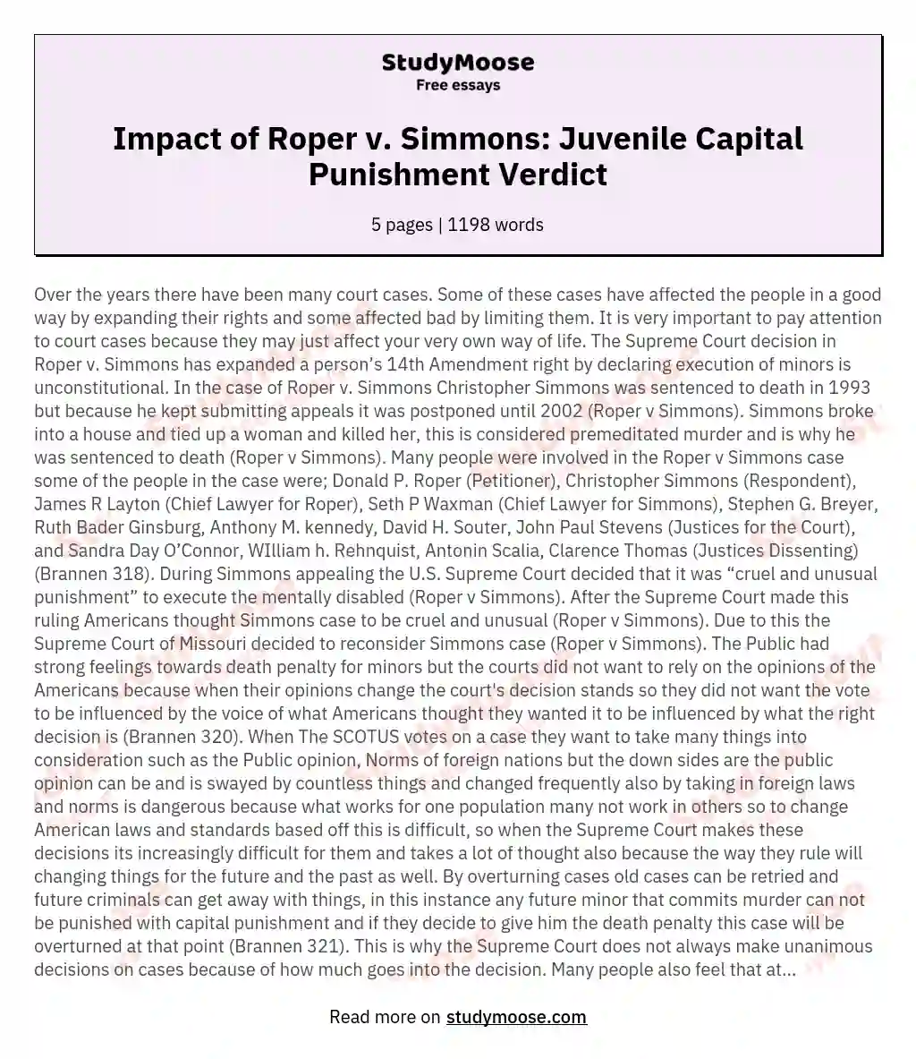 Impact of Roper v. Simmons: Juvenile Capital Punishment Verdict essay