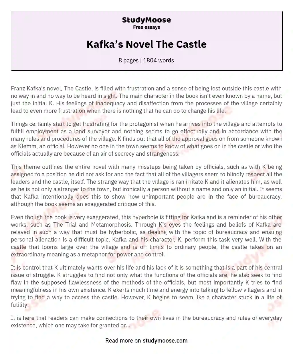 Kafka’s Novel The Castle essay