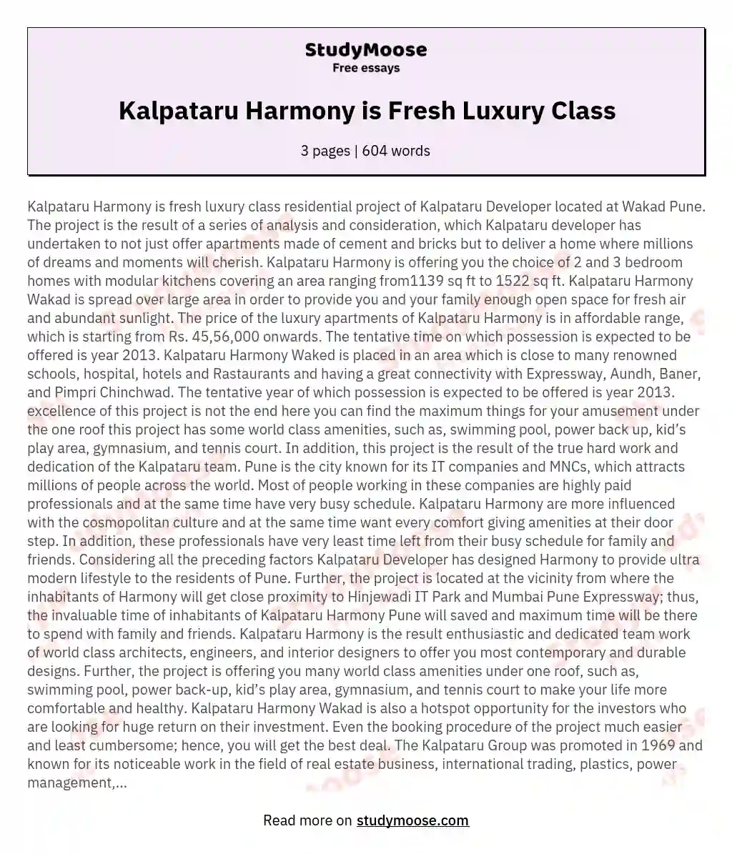 Kalpataru Harmony is Fresh Luxury Class essay