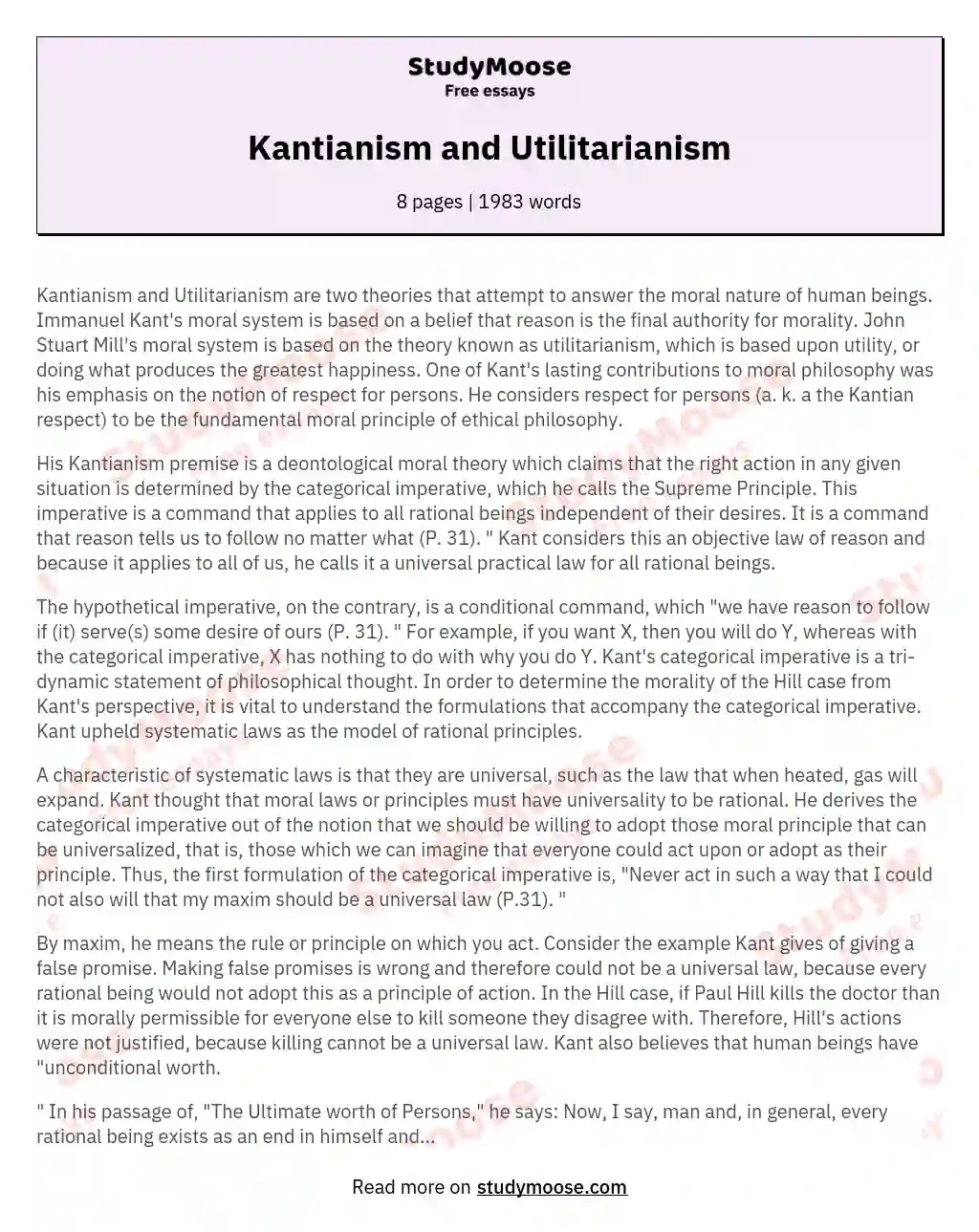 utilitarianism vs kantianism essay
