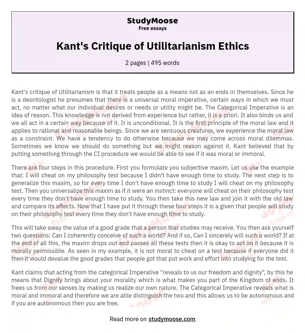 Kant's Critique of Utilitarianism Ethics